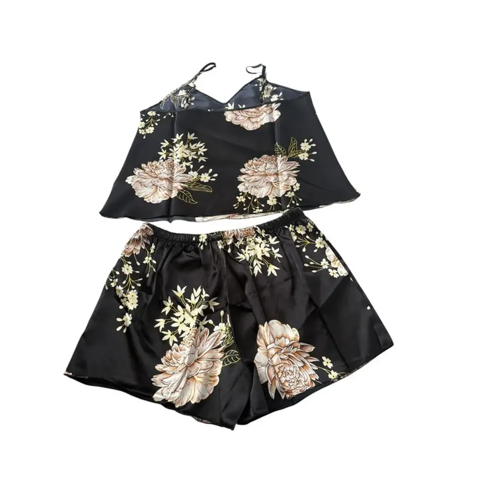 Boutique Black Cream Floral Satin Two Piece Shorts Set V neck set Top M 6 NWT